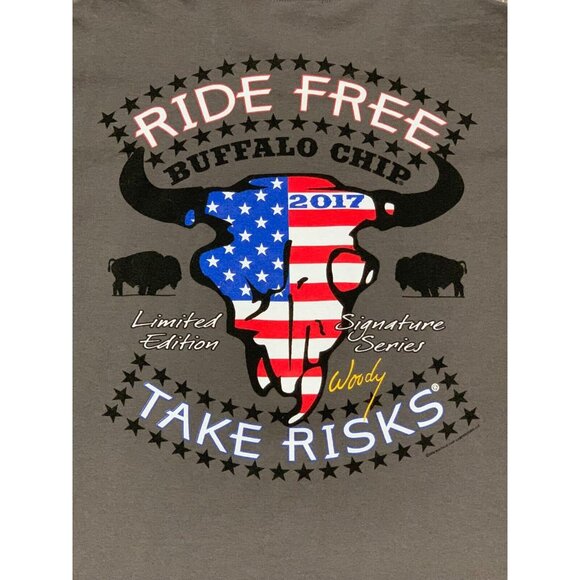 Sturgis Buffalo Chip 2017 Ride Free Take Risks Biker Rall Mens T-Shirt Size 2XL - Picture 4 of 12